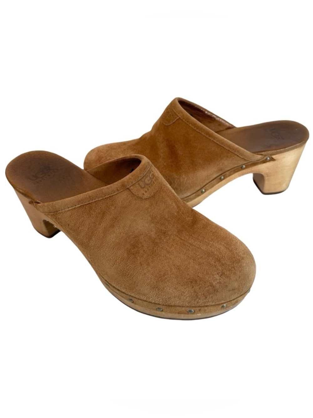 UGG 5772 Abbie Brown Leather Studded Slip On Block Heel Clog Mules Womens Size 8